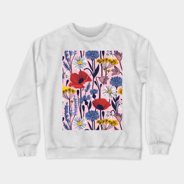 Wild field // pattern // pastel pink background neon red orange shade poppies white daisies denim blue cornflower pink bluebells yellow fennel flowers and other wild flowers meadow plants Crewneck Sweatshirt by SelmaCardoso